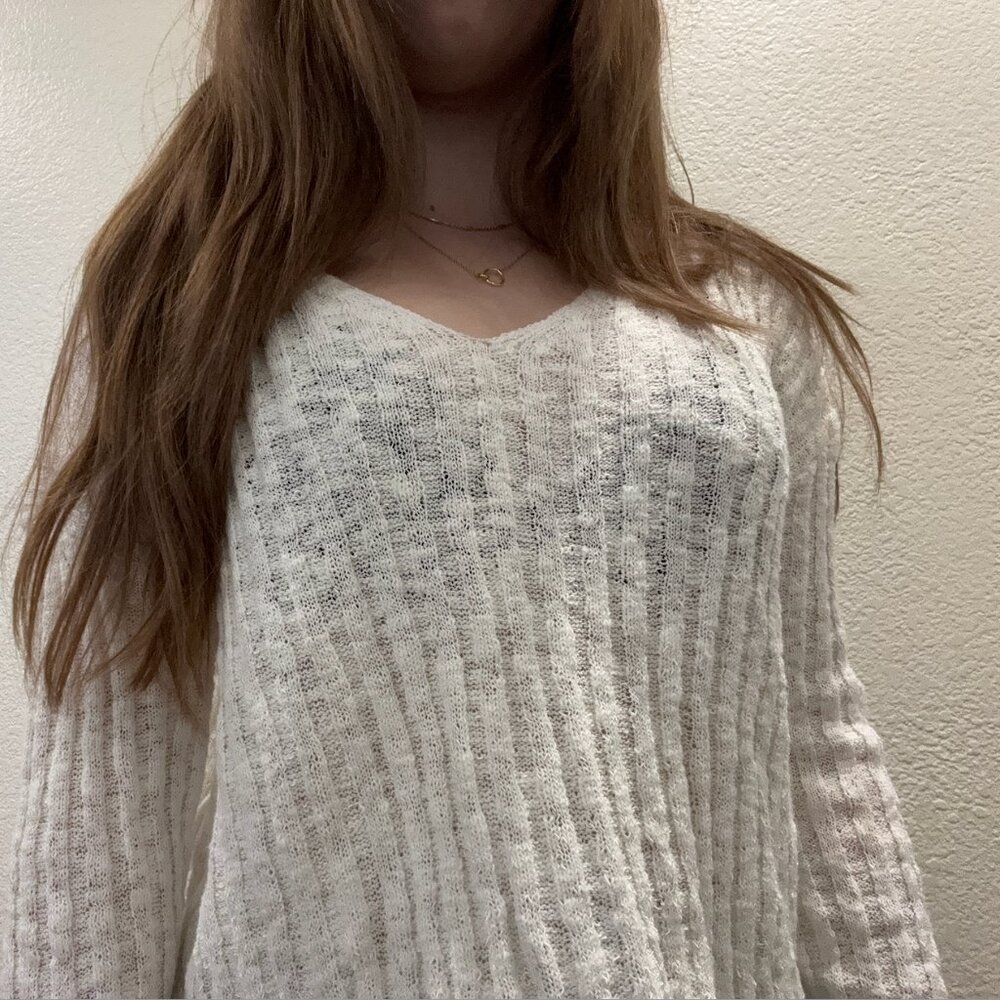 MANGO Cream Ribbed Knit V-Neck Sweater (NWT)